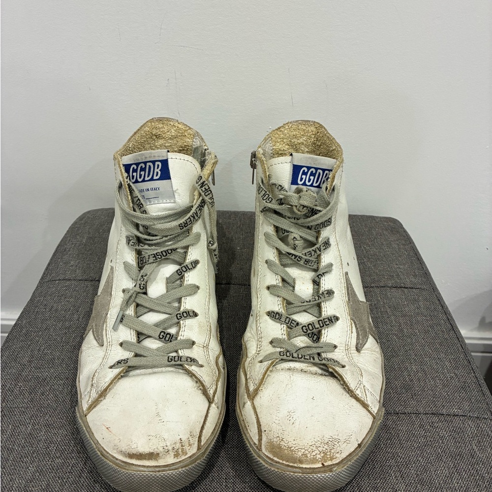 Golden Goose White and Silver Distressed Sneakers
